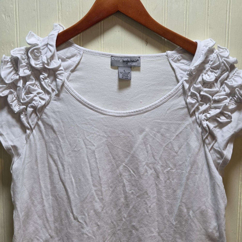 Designers Originals Studio Shirt Womens Large White Ruffle Sleeve Scoop Neck Top
